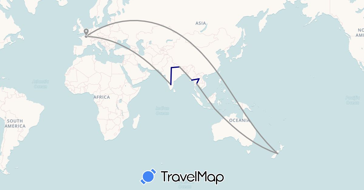 TravelMap itinerary: driving, plane in France, Indonesia, India, Laos, Myanmar (Burma), Nepal, New Zealand, Thailand (Asia, Europe, Oceania)